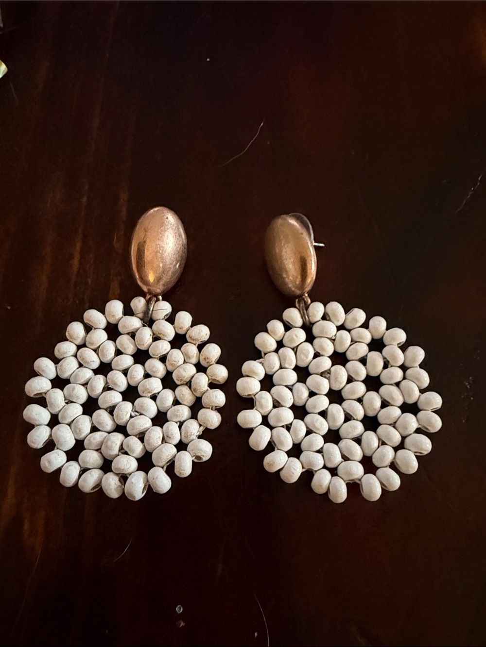 Handcrafted White Bead Drop Earrings with Gold-Tone Stud